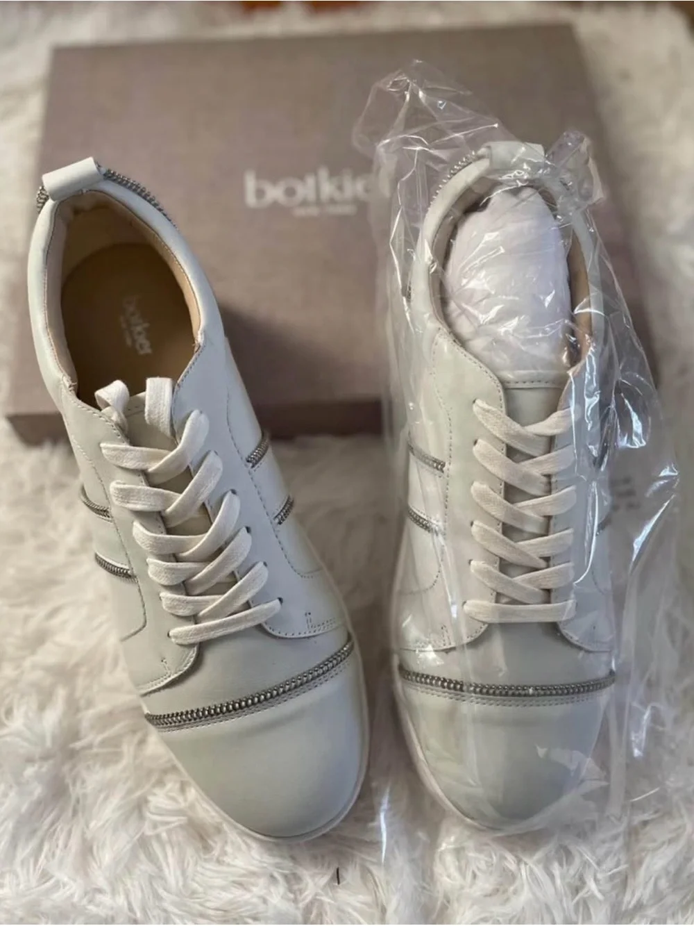 Botkier White Leather Lace-Up Sneakers with Silver Zip Detail